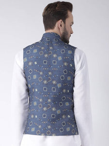 Men's Blue 
Cotton Blend
 Printed Nehru Jackets