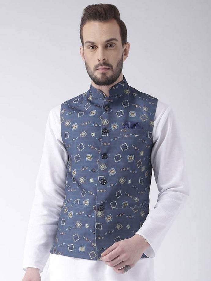 Men's Blue 
Cotton Blend
 Printed Nehru Jackets