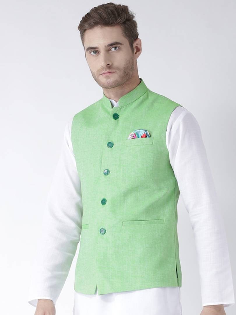 Men's Green 
Linen
 Solid
 Nehru Jackets