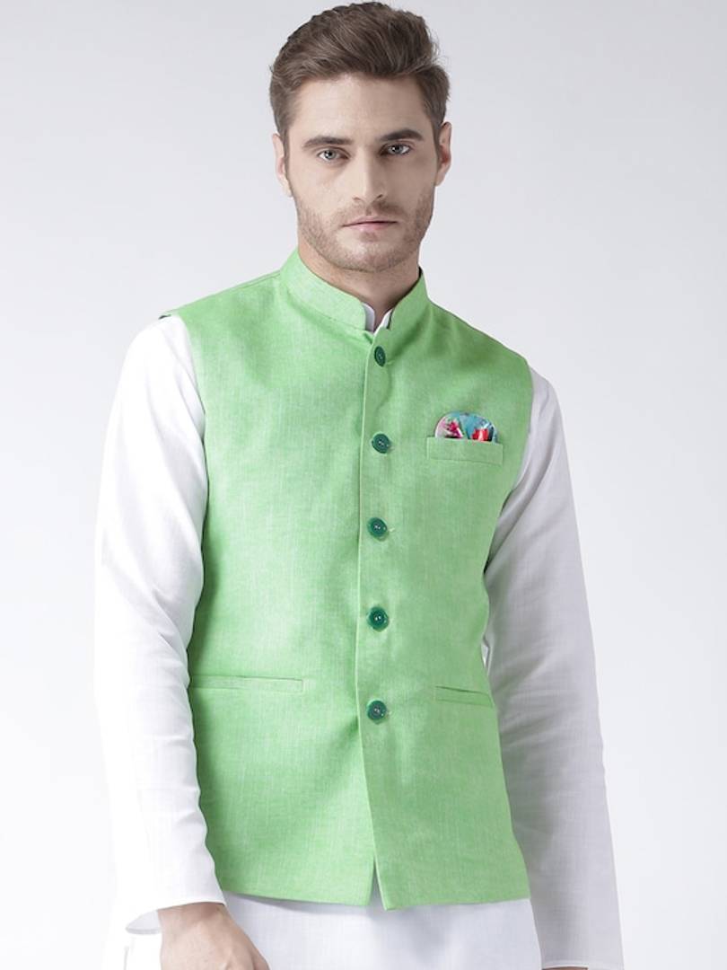 Men's Green 
Linen
 Solid
 Nehru Jackets