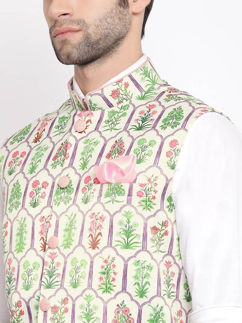 Men's Off White 
Silk Blend
 Printed Nehru Jackets