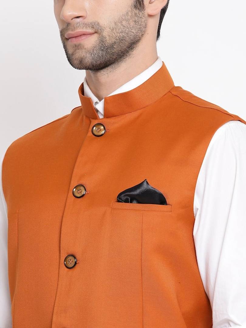 Men's Orange 
Cotton Blend
 Solid
 Nehru Jackets