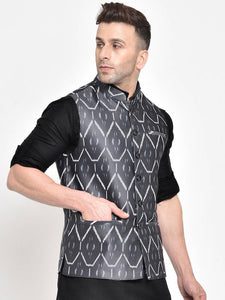 Men's Grey Viscose
 Printed Nehru Jackets