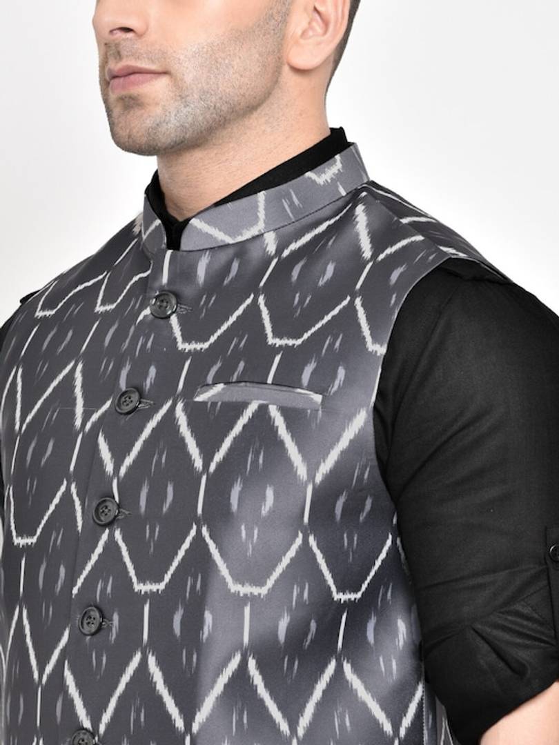 Men's Grey Viscose
 Printed Nehru Jackets