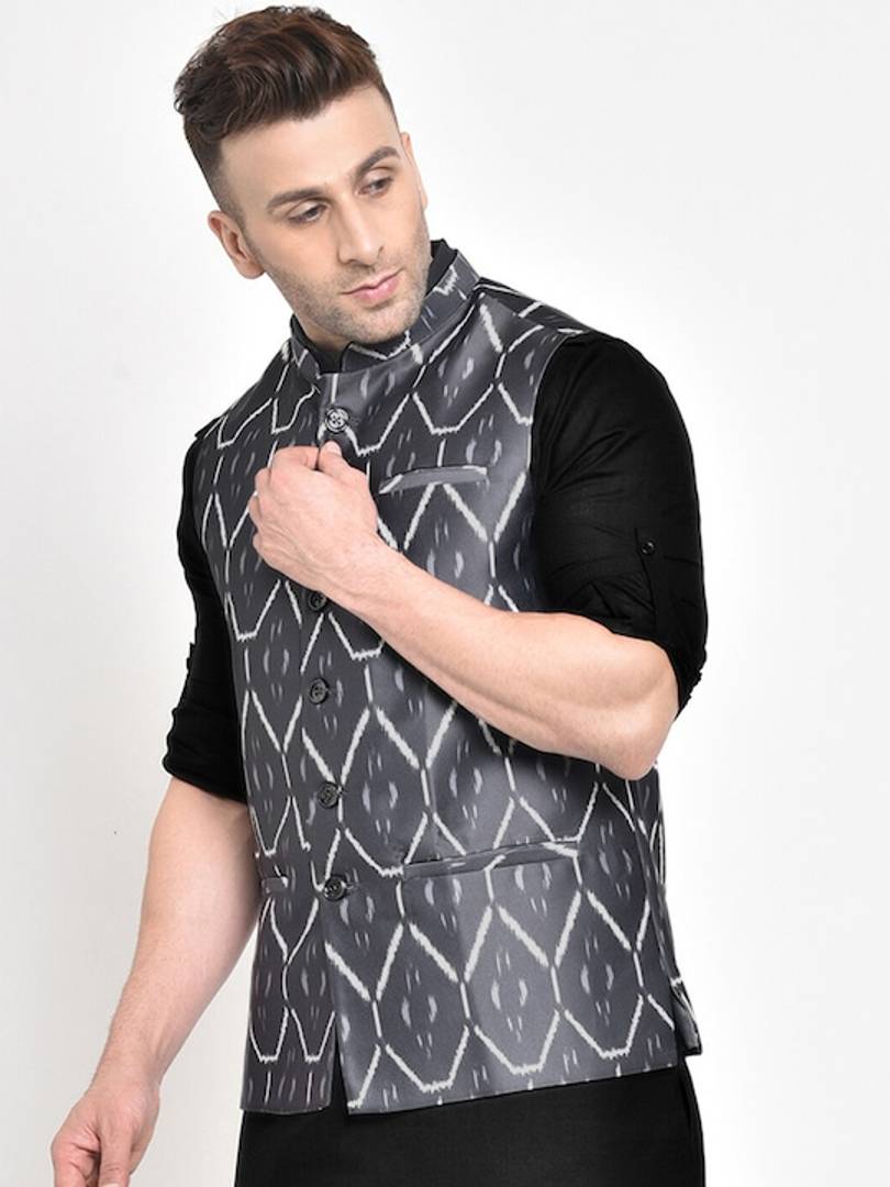 Men's Grey Viscose
 Printed Nehru Jackets