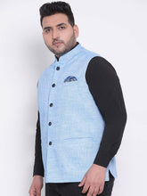 Load image into Gallery viewer, Men&#39;s Blue 
Cotton Blend
 Solid
 Nehru Jackets