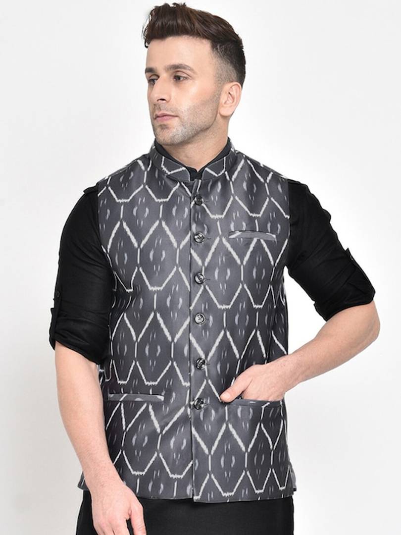 Men's Grey Viscose
 Printed Nehru Jackets