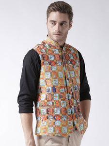 Men's Orange Viscose
 Printed Nehru Jackets