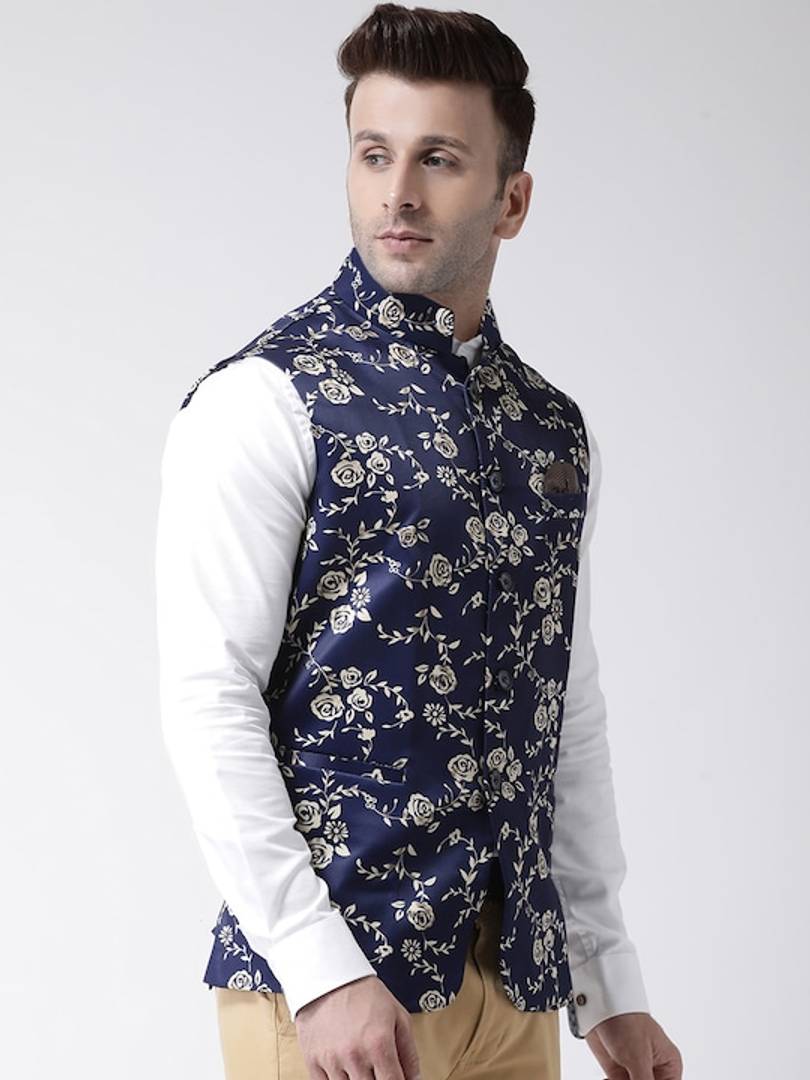Men's Blue Viscose
 Printed Nehru Jackets