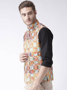 Men's Orange Viscose
 Printed Nehru Jackets