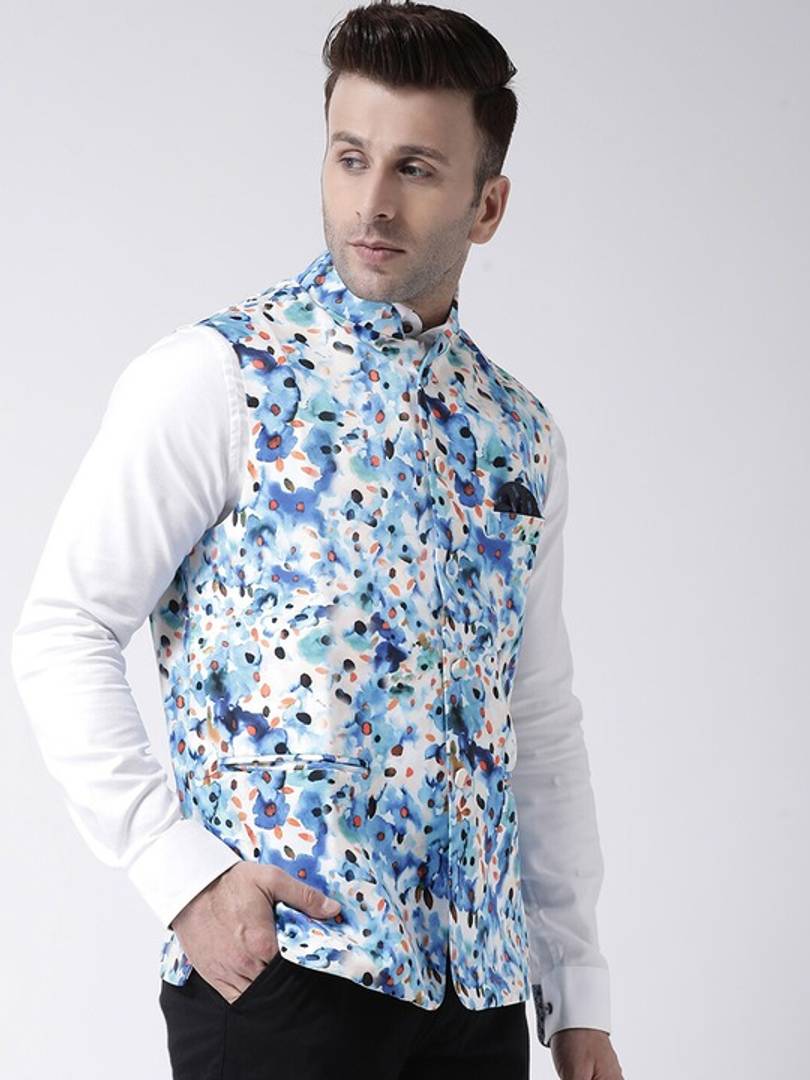Men's Blue Viscose
 Printed Nehru Jackets