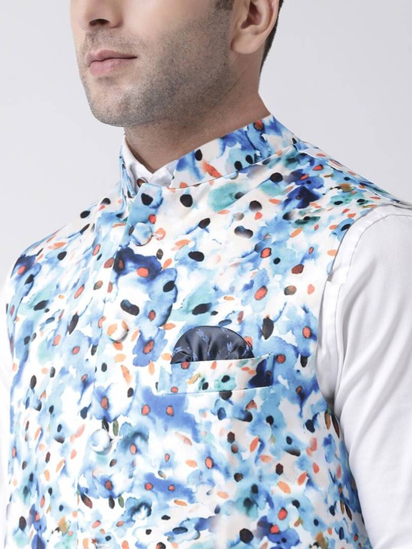 Men's Blue Viscose
 Printed Nehru Jackets