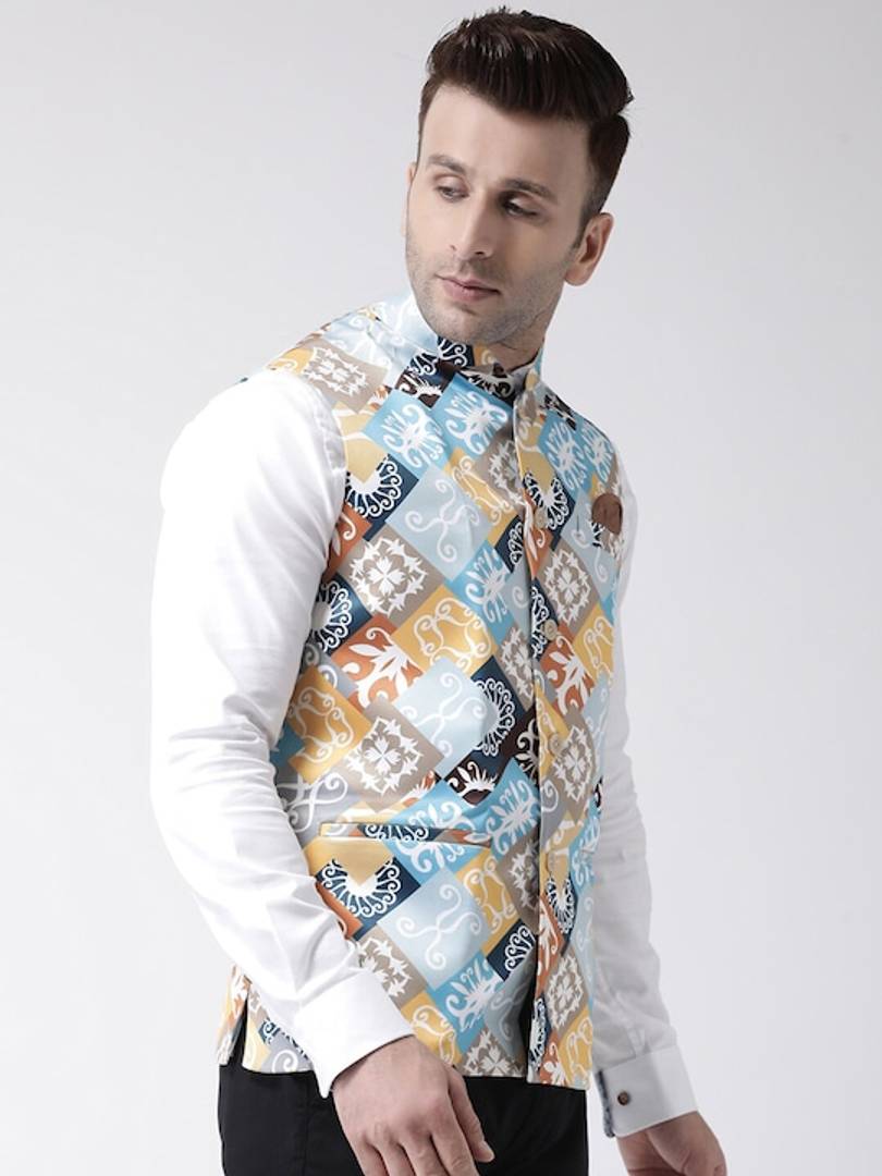 Men's Blue Viscose
 Printed Nehru Jackets