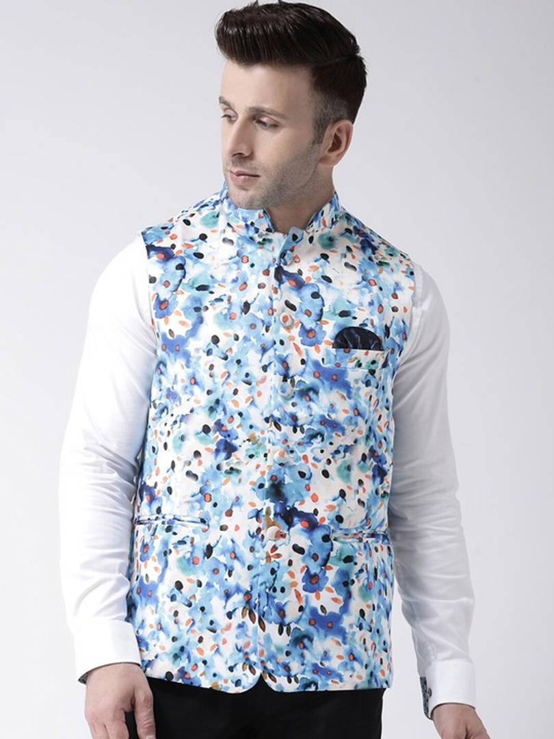 Men's Blue Viscose
 Printed Nehru Jackets