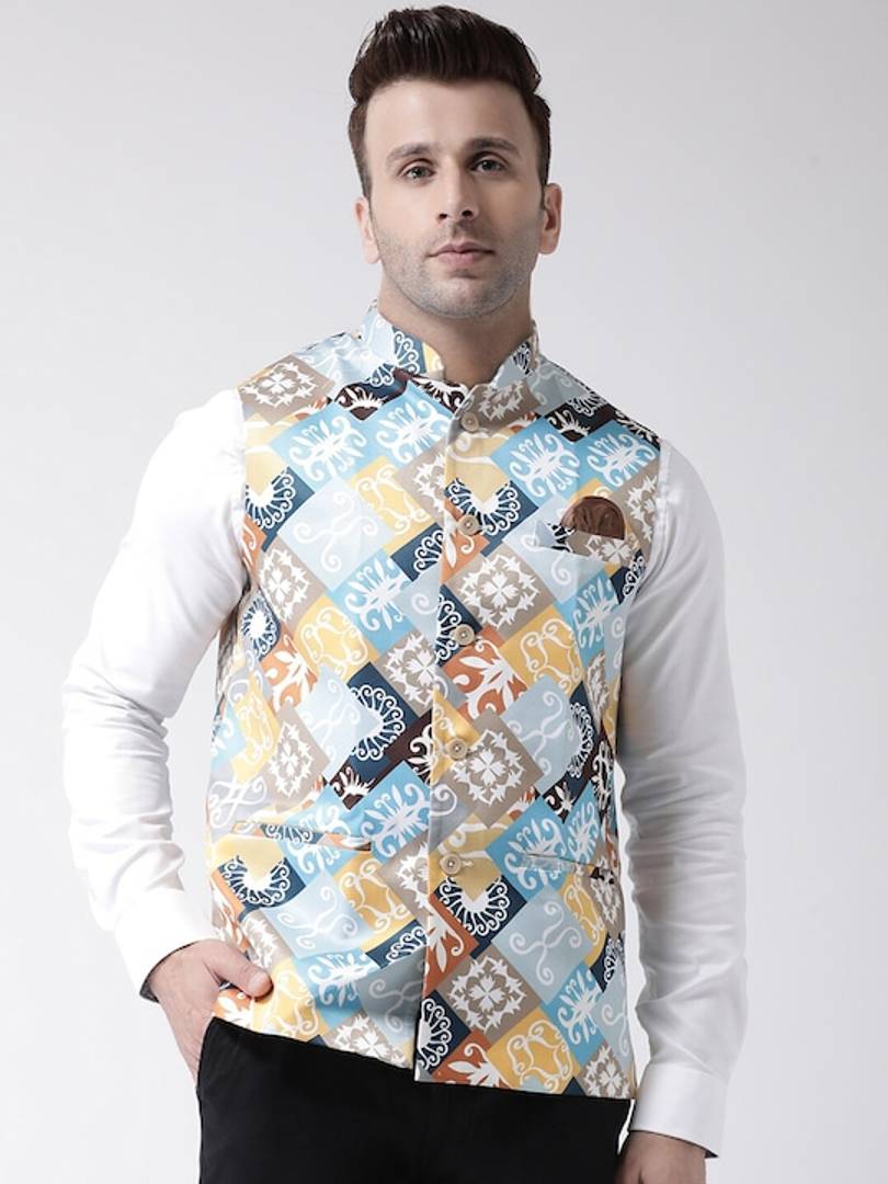 Men's Blue Viscose
 Printed Nehru Jackets