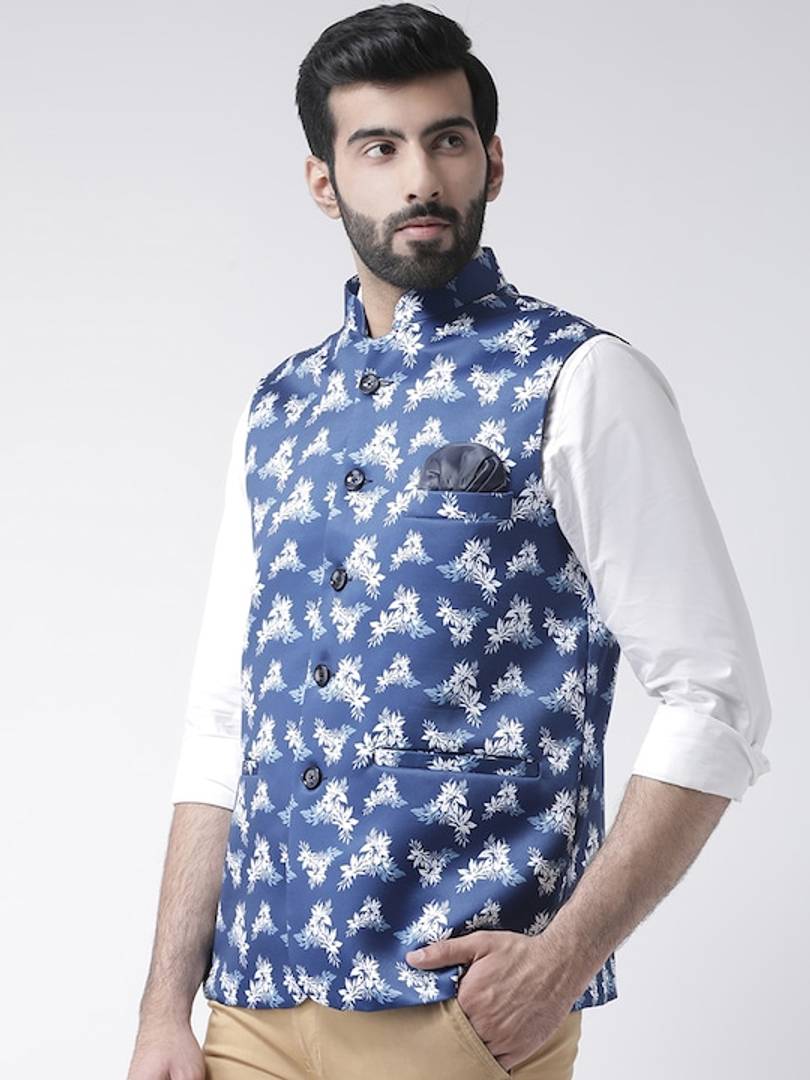 Men's Blue 
Polyester
 Woven Design Nehru Jackets