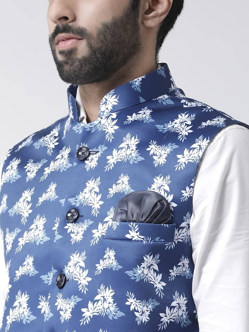 Men's Blue 
Polyester
 Woven Design Nehru Jackets