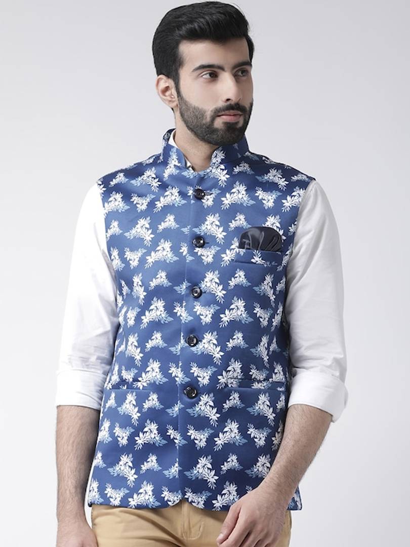 Men's Blue 
Polyester
 Woven Design Nehru Jackets