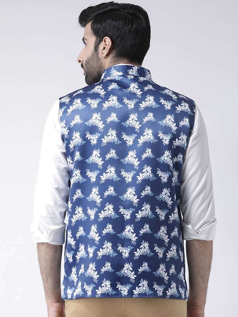 Men's Blue 
Polyester
 Woven Design Nehru Jackets