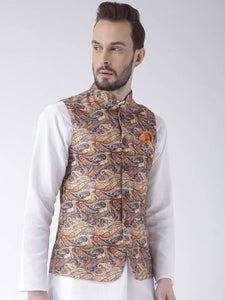 Men's Brown 
Cotton Blend
 Woven Design Nehru Jackets