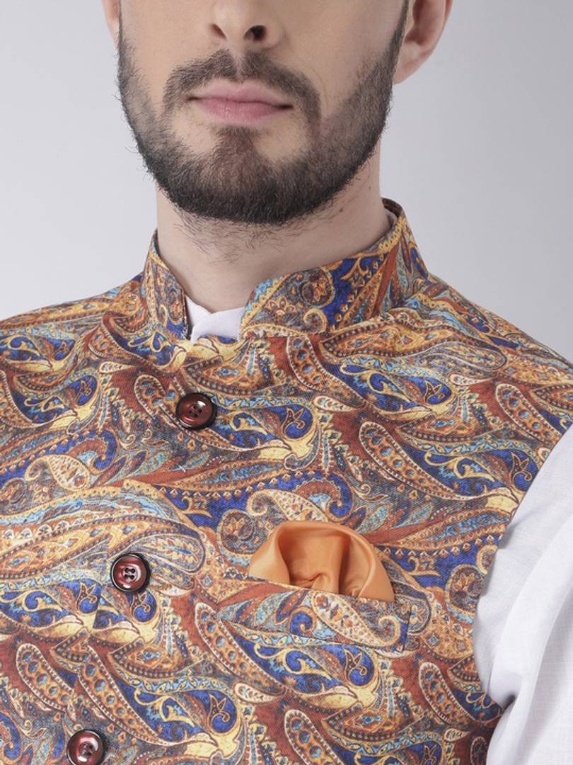 Men's Brown 
Cotton Blend
 Woven Design Nehru Jackets