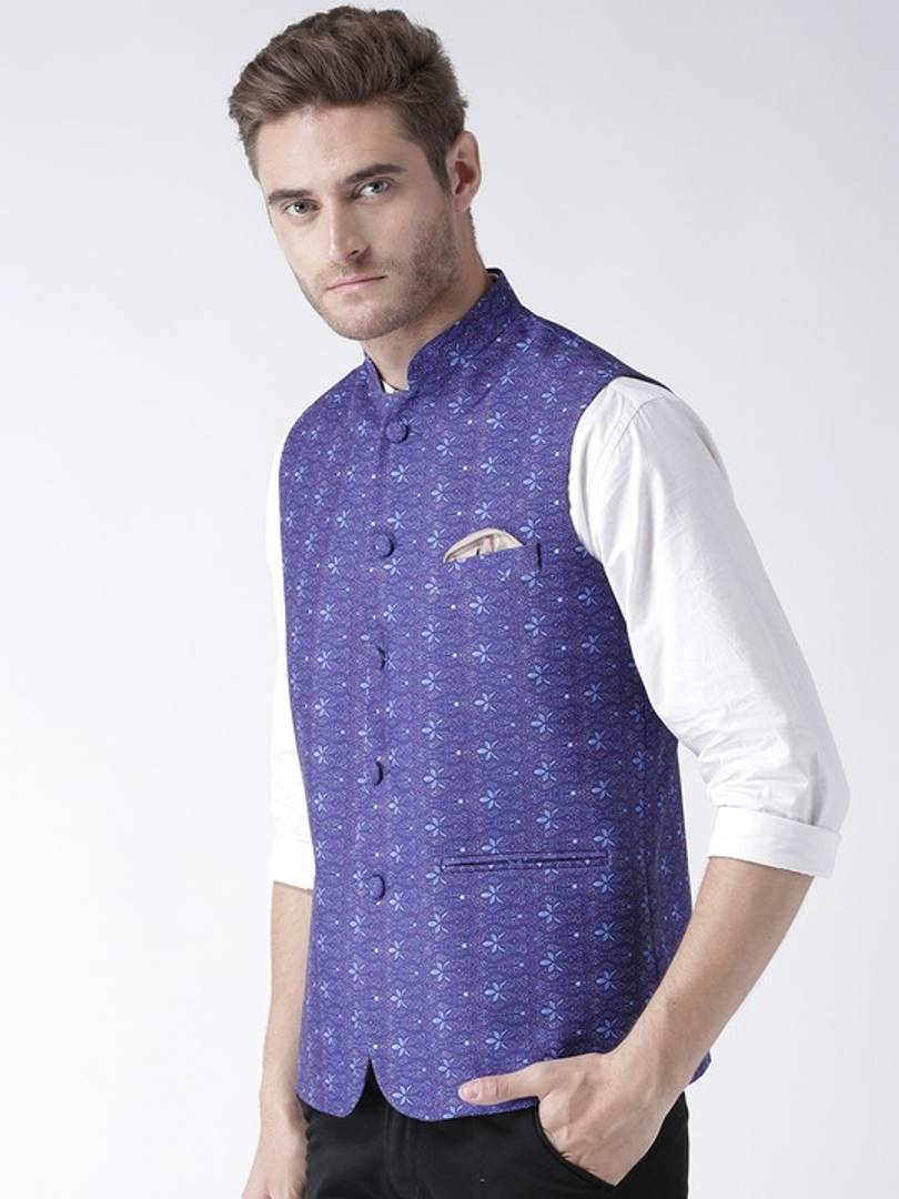 Men's Blue 
Cotton Blend
 Printed Nehru Jackets
