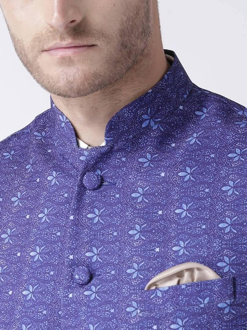 Men's Blue 
Cotton Blend
 Printed Nehru Jackets
