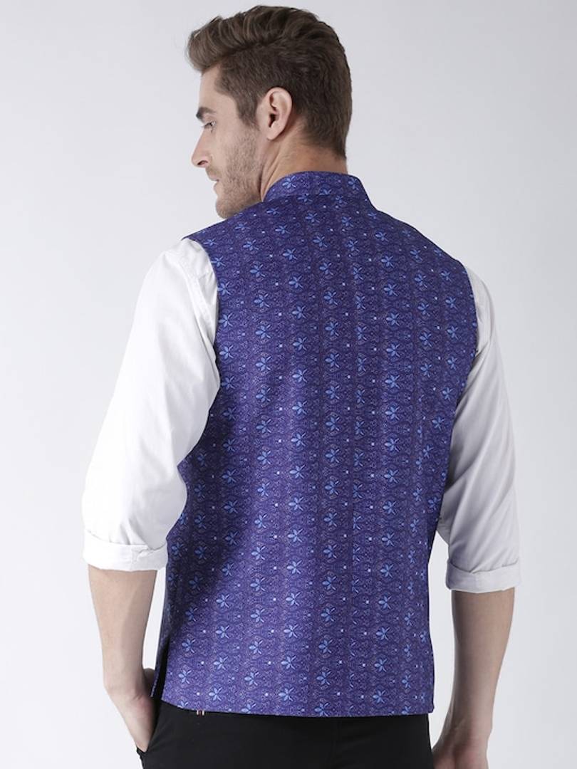 Men's Blue 
Cotton Blend
 Printed Nehru Jackets