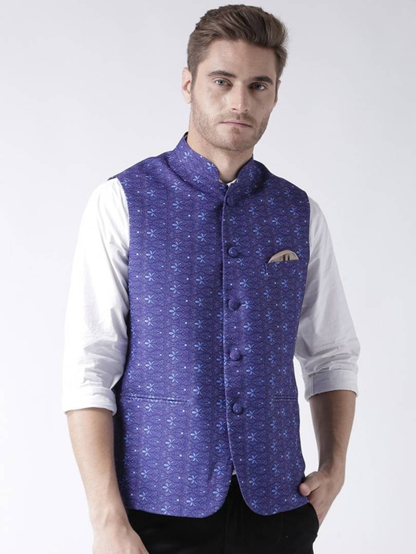 Men's Blue 
Cotton Blend
 Printed Nehru Jackets