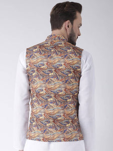 Men's Brown 
Cotton Blend
 Woven Design Nehru Jackets