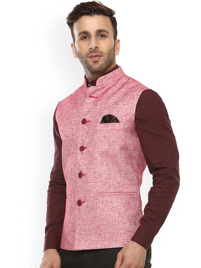 Men's Red 
Cotton Blend
 Solid
 Nehru Jackets