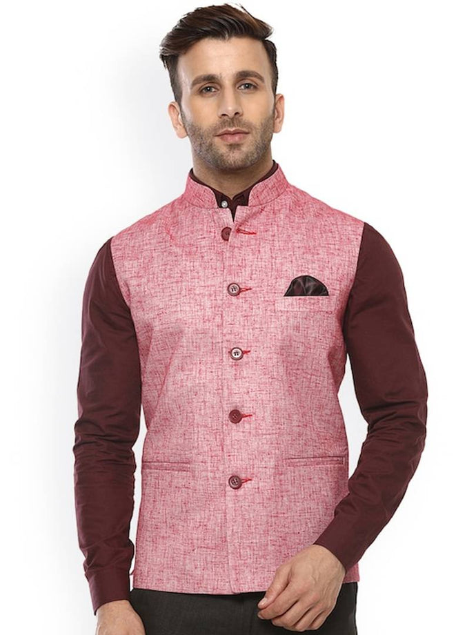 Men's Red 
Cotton Blend
 Solid
 Nehru Jackets