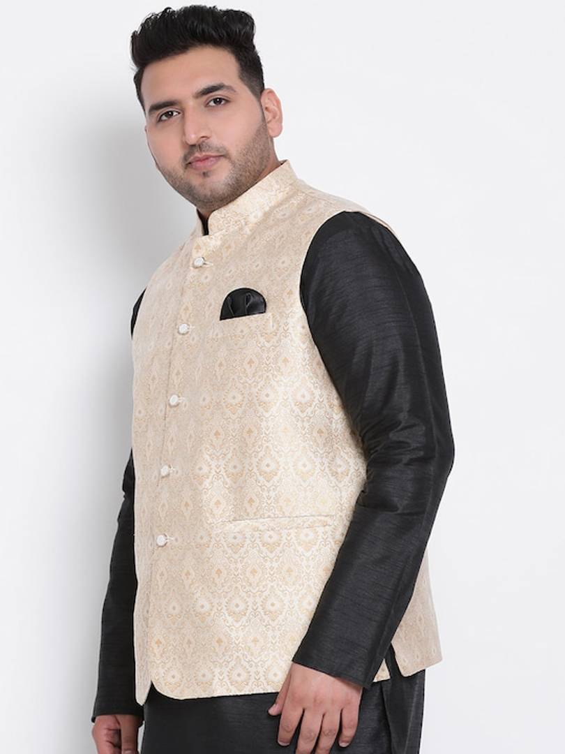 Men's Off White Viscose
 Woven Design Nehru Jackets