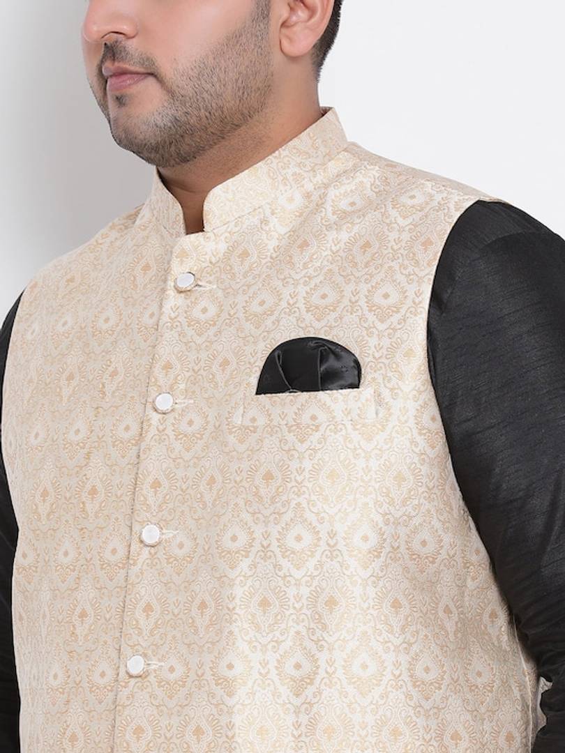 Men's Off White Viscose
 Woven Design Nehru Jackets