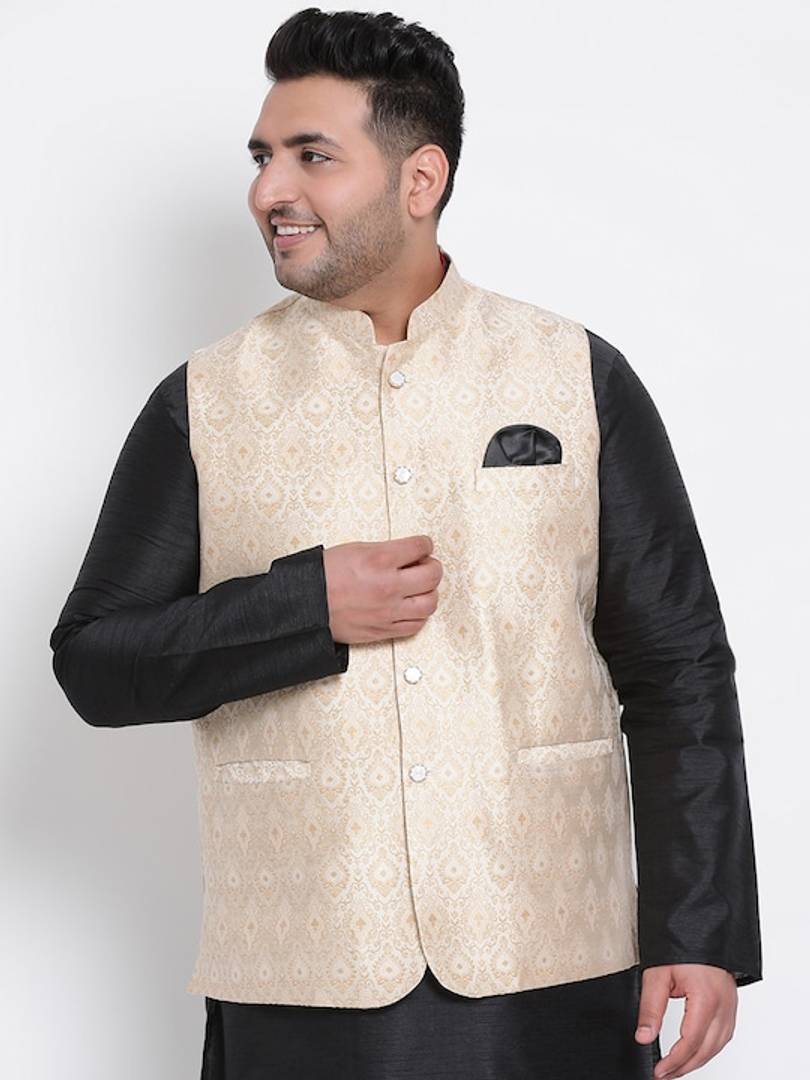 Men's Off White Viscose
 Woven Design Nehru Jackets