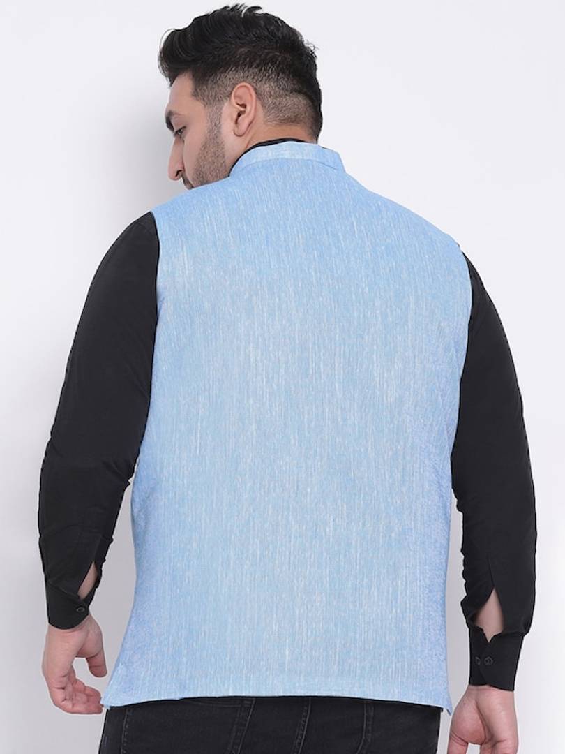 Men's Blue 
Cotton Blend
 Solid
 Nehru Jackets