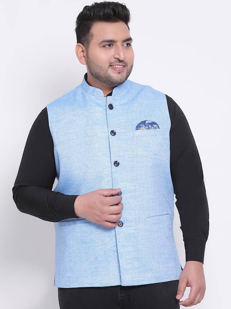 Men's Blue 
Cotton Blend
 Solid
 Nehru Jackets