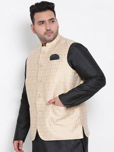 Men's Beige Viscose
 Woven Design Nehru Jackets