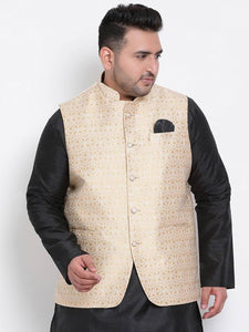Men's Beige Viscose
 Woven Design Nehru Jackets