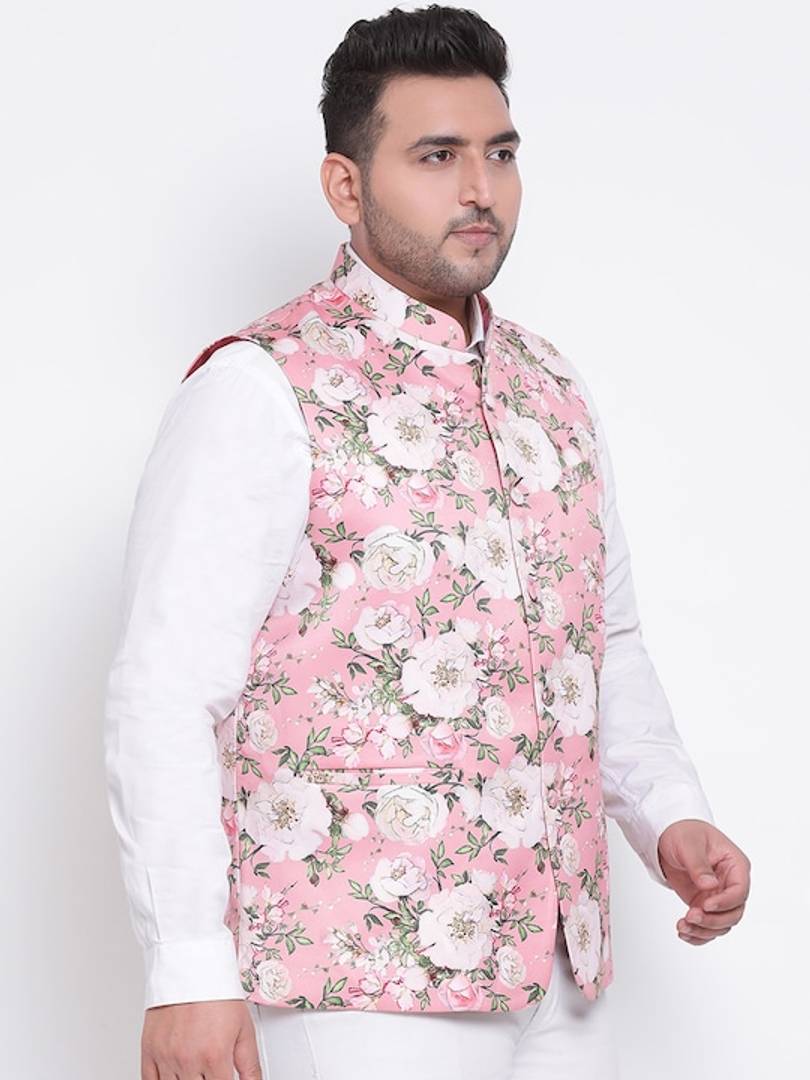 Men's Pink Viscose
 Printed Nehru Jackets