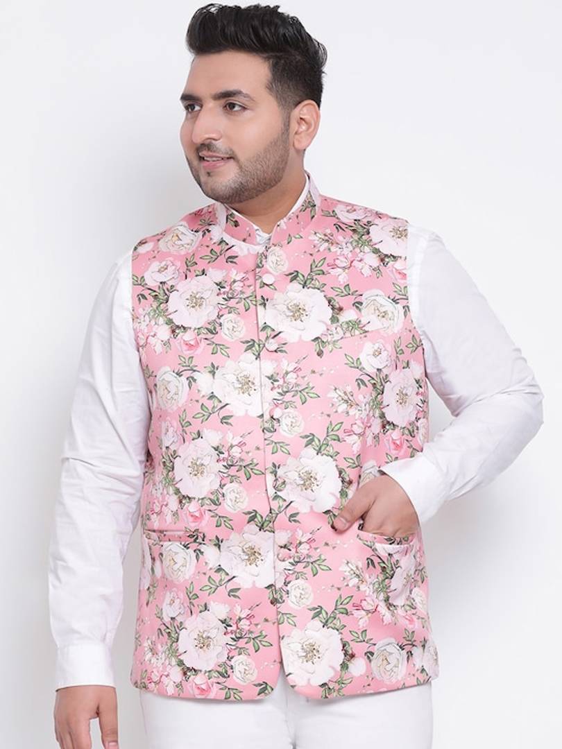 Men's Pink Viscose
 Printed Nehru Jackets