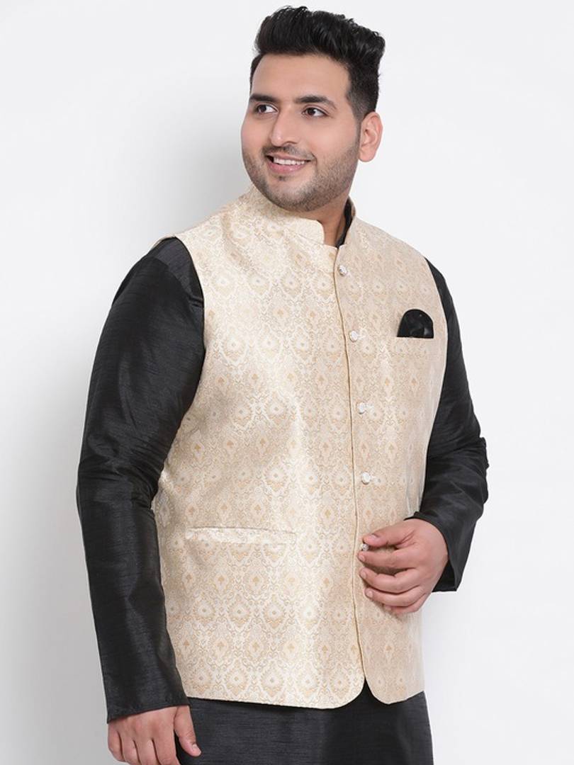 Men's Off White Viscose
 Woven Design Nehru Jackets