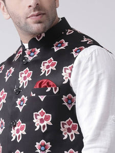Men's Black Viscose
 Printed Nehru Jackets