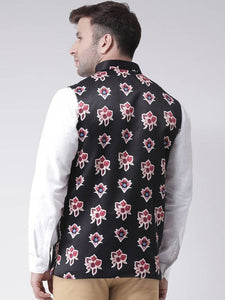 Men's Black Viscose
 Printed Nehru Jackets