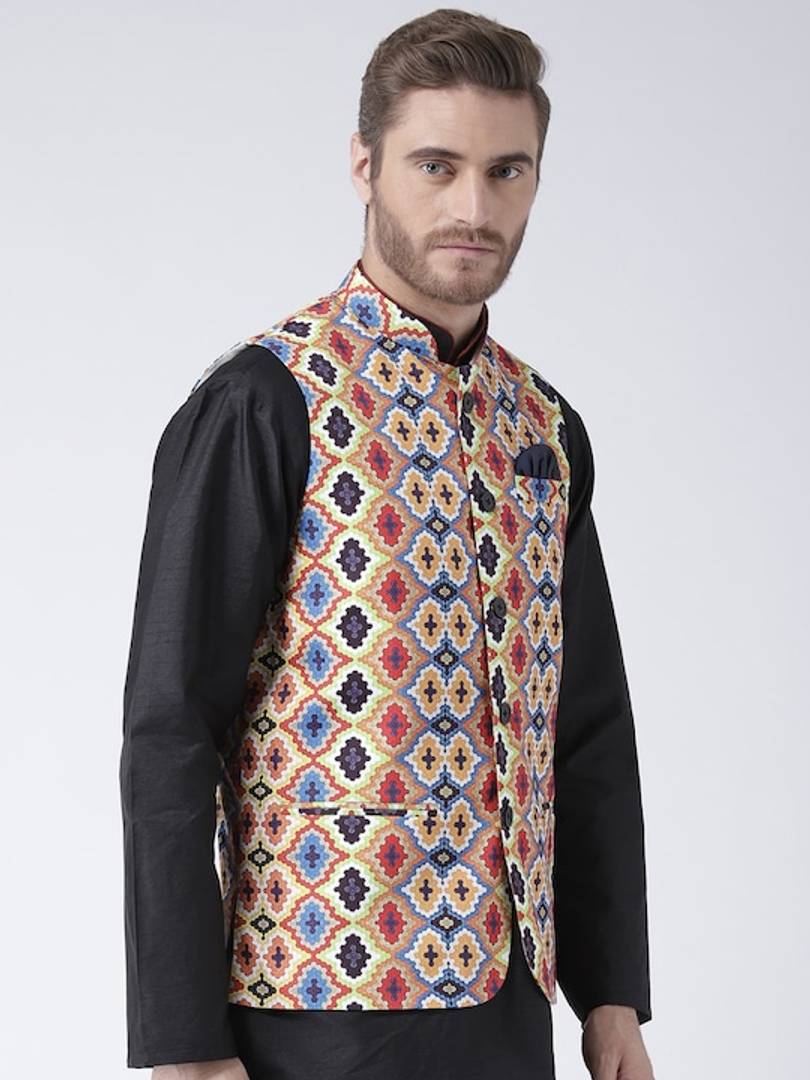 Men's Yellow Viscose
 Printed Nehru Jackets