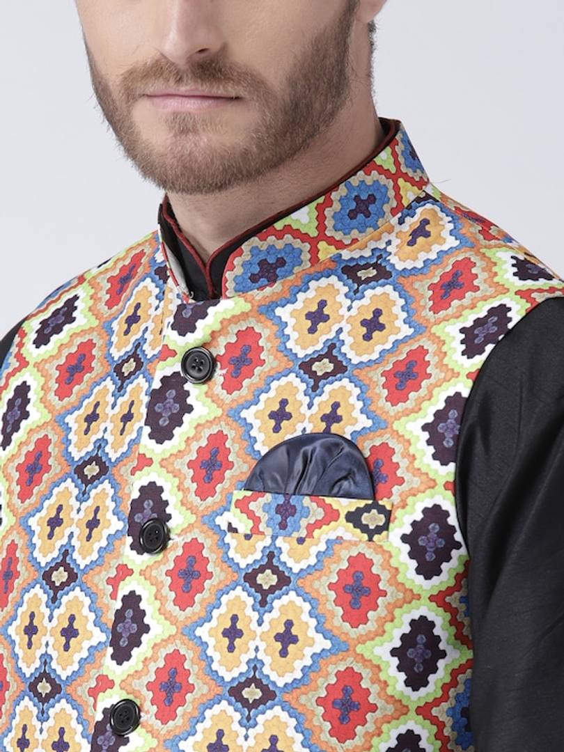 Men's Yellow Viscose
 Printed Nehru Jackets