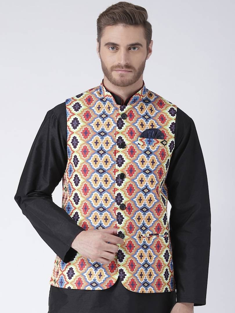 Men's Yellow Viscose
 Printed Nehru Jackets