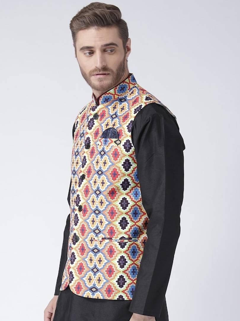 Men's Yellow Viscose
 Printed Nehru Jackets