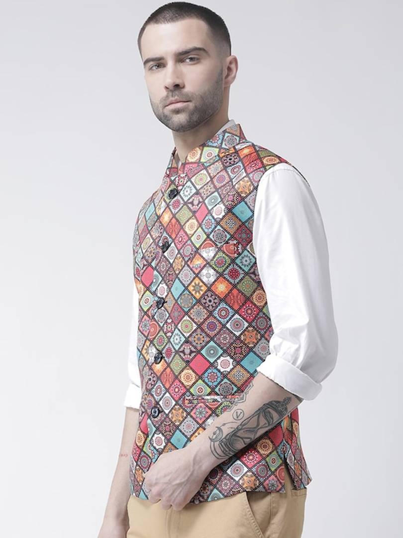Men's Red Viscose
 Printed Nehru Jackets