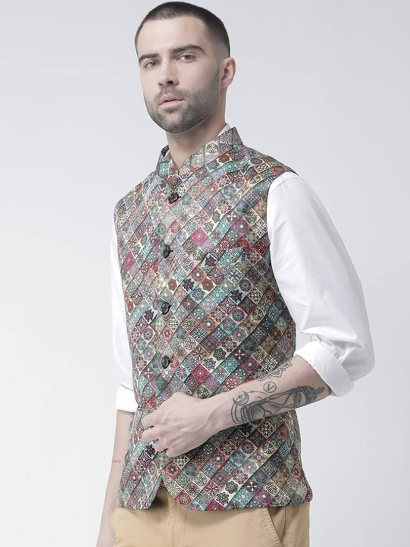 Men's Grey Viscose
 Printed Nehru Jackets